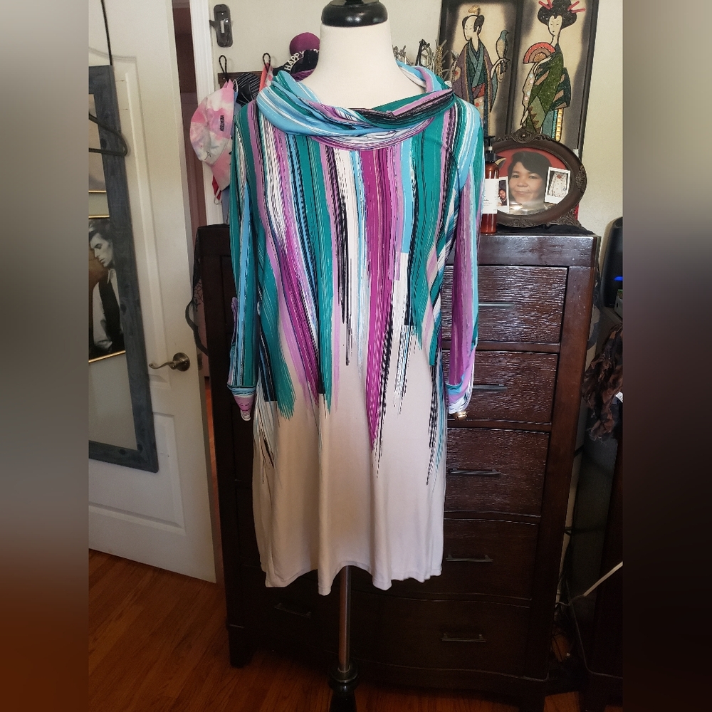 Alfani Teal, Purple & White Striped Cowl Neck Tunic